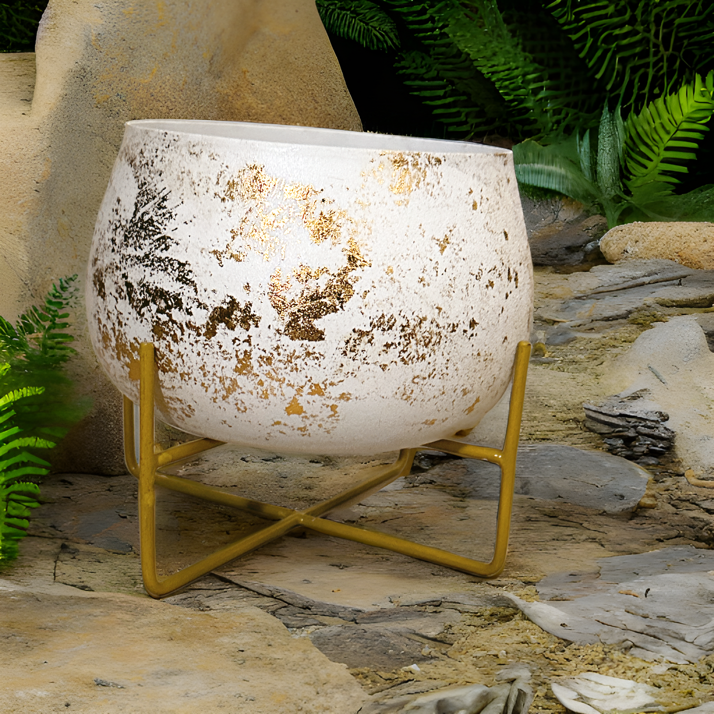 Big Powder coated Metal Pot with Stand | White with Golden finish