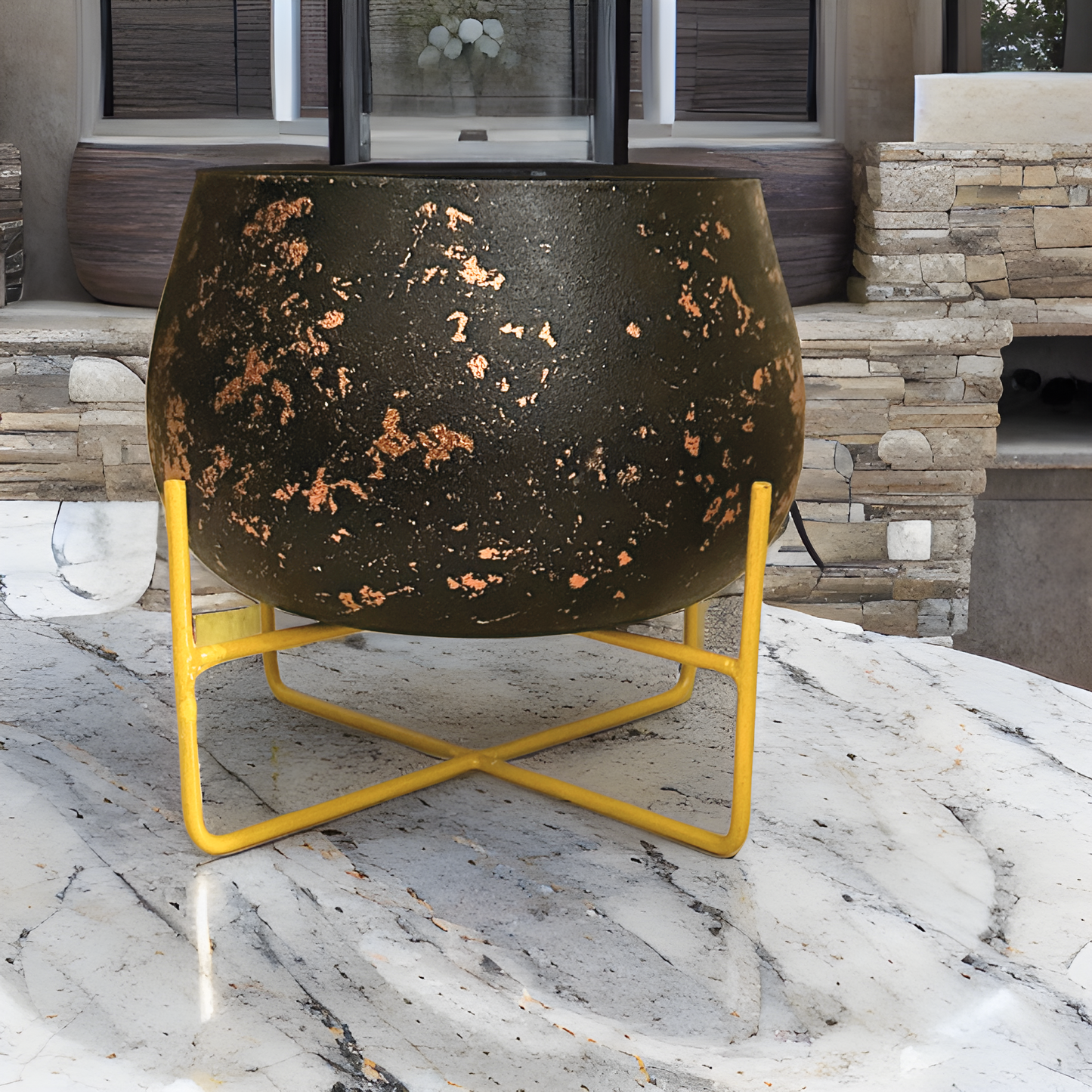 Big Powder coated Metal Pot with Stand | Black with Golden finish