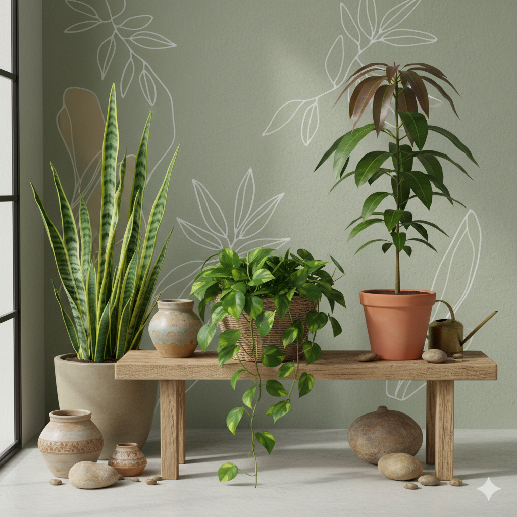 Mango plant and snake plant